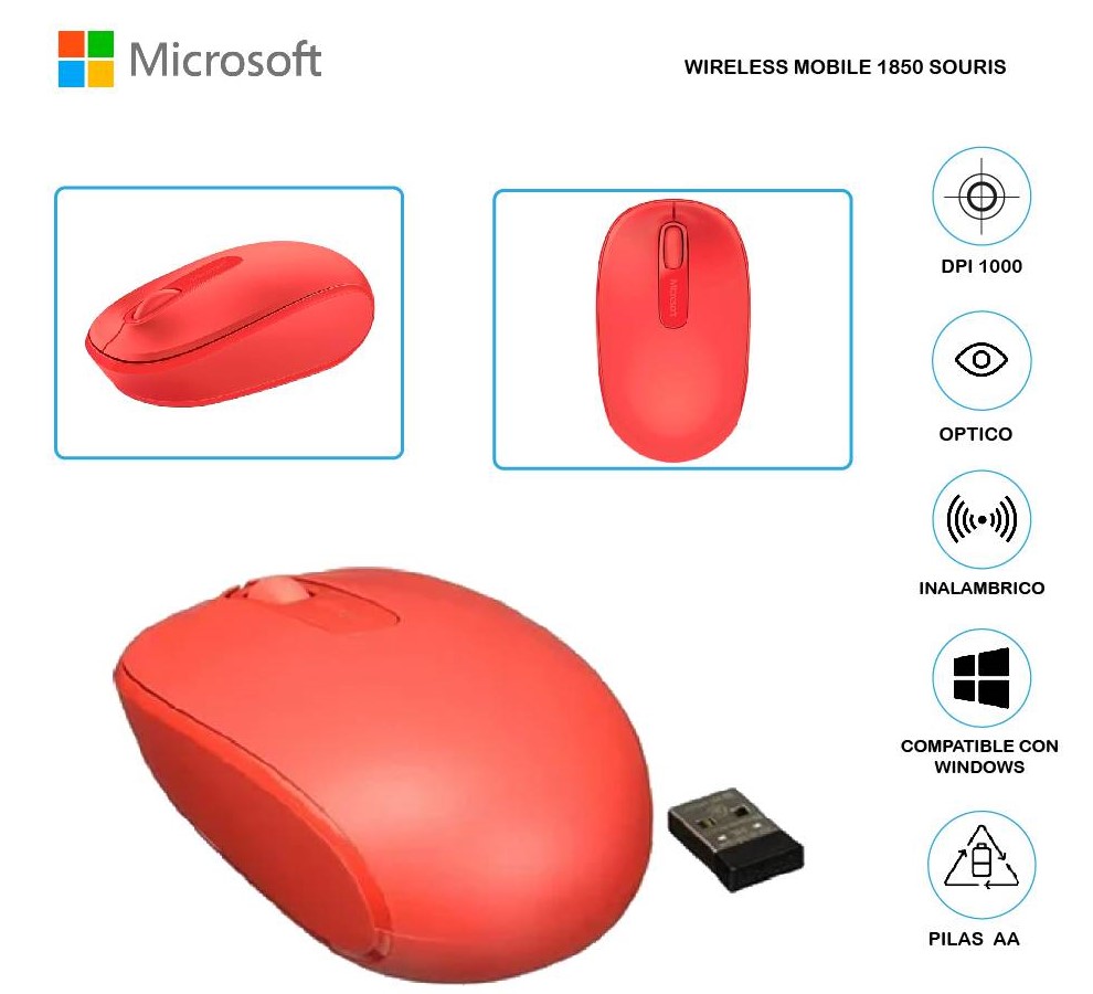 MOUSE MICROSOFT INALAMBRICO 1850 FLAME RED U7Z-00031