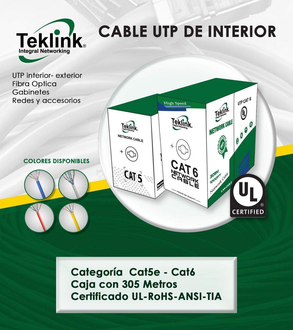 CABLE UTP CAT6 TEKLINK BOBINA 1000FT AZUL CAB-6INBL-24 CABLE UTP CAT6 TEKLINK BOBINA 1000FT AZUL CAB-6INBL-24
